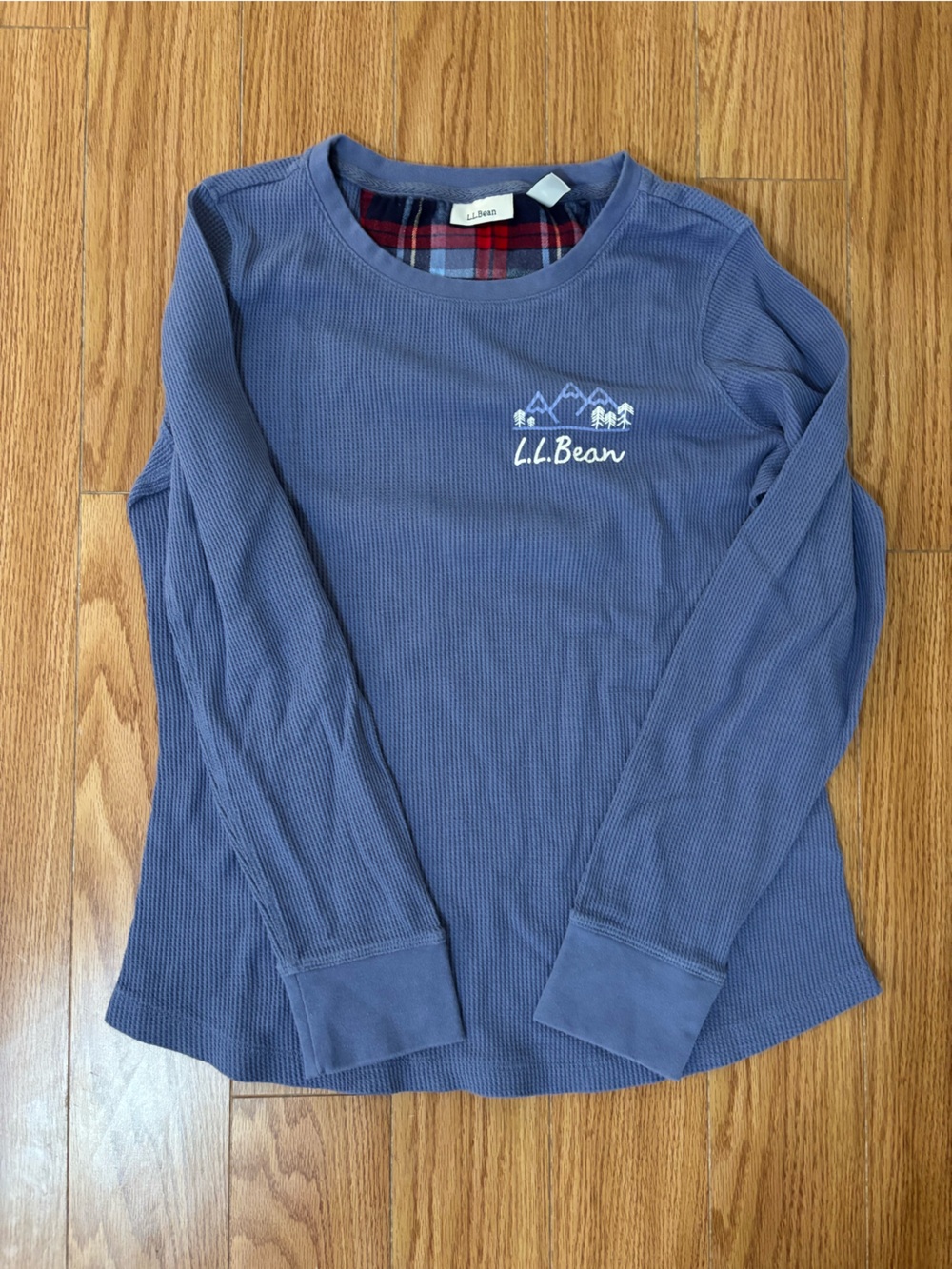 L.L. Bean Long Sleeve Thermal Top in Dusty Blue with Plaid Lining